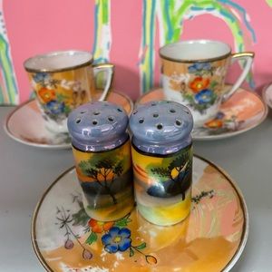 Vintage-Hand Painted CeramicCruetSet,1920's Japan,serving dish(2),cups/saucers 4